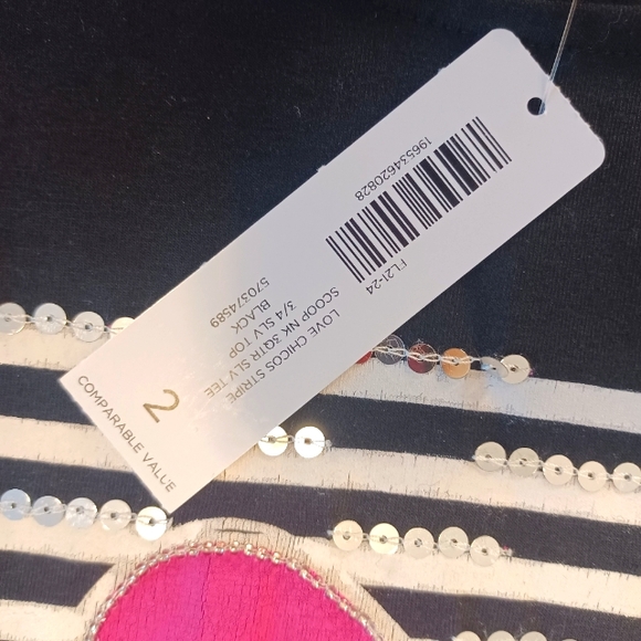 NEW Chicos Love Stripe Heart Scoop Neck Sequin 3/4 Sleeve Tee Shirt Sz Large NWT - Picture 6 of 9